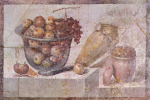 Still life with glass bowl of fruit and vases, Pompeian, 63-79 AD